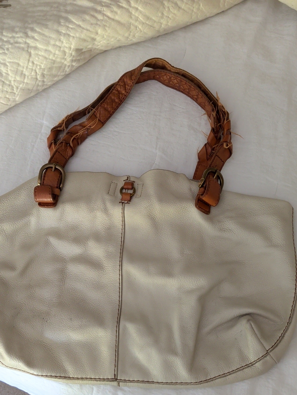 Soft Cream Leather Tote with Brown Braided Handles